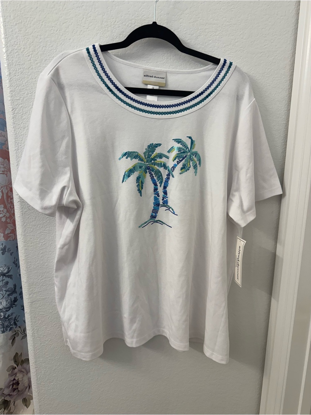 NWT Alfred Dunner White Blue Palm Tree Cotton Tee 2X coastal beach women’s